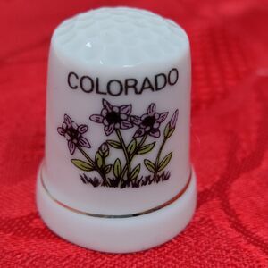 Colorful Colorado Souvenir Porcelain Thimble w/ Purple Flowers
